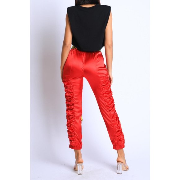 Women's Casual Satin Shirring Long Cuffed Pants With Belted Daily Outdoor Comfy - Picture 11 of 12